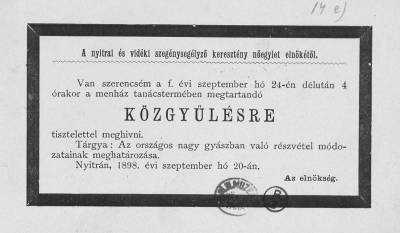 Meghv a nyitrai s vidki szegnyseglyez keresztny negylet rendkvli kzgylsre, 1898, Orszgos Szchnyi Knyvtr Aprnyomtatvnytr