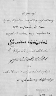 Meghv a pozsonyi evanglikus hitkzsg gyszistentiszteletre, 1898, Orszgos Szchnyi Knyvtr Aprnyomtatvnytr