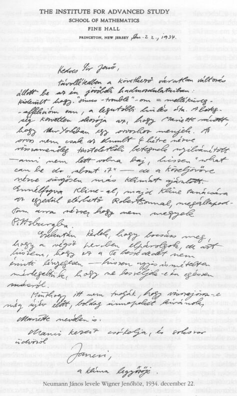 Neumann Jnos levele Wigner Jenhz, 1934. december 22.