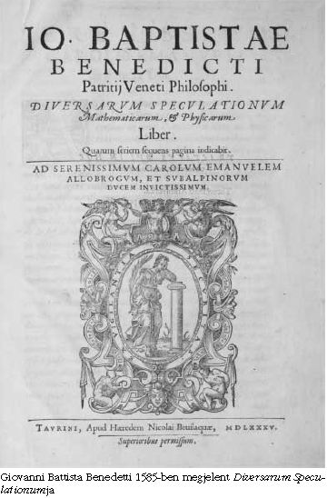 
Giovanni Battista Benedetti 1585-ben megjelent <I>DiversarumSpeculationum</I>ja